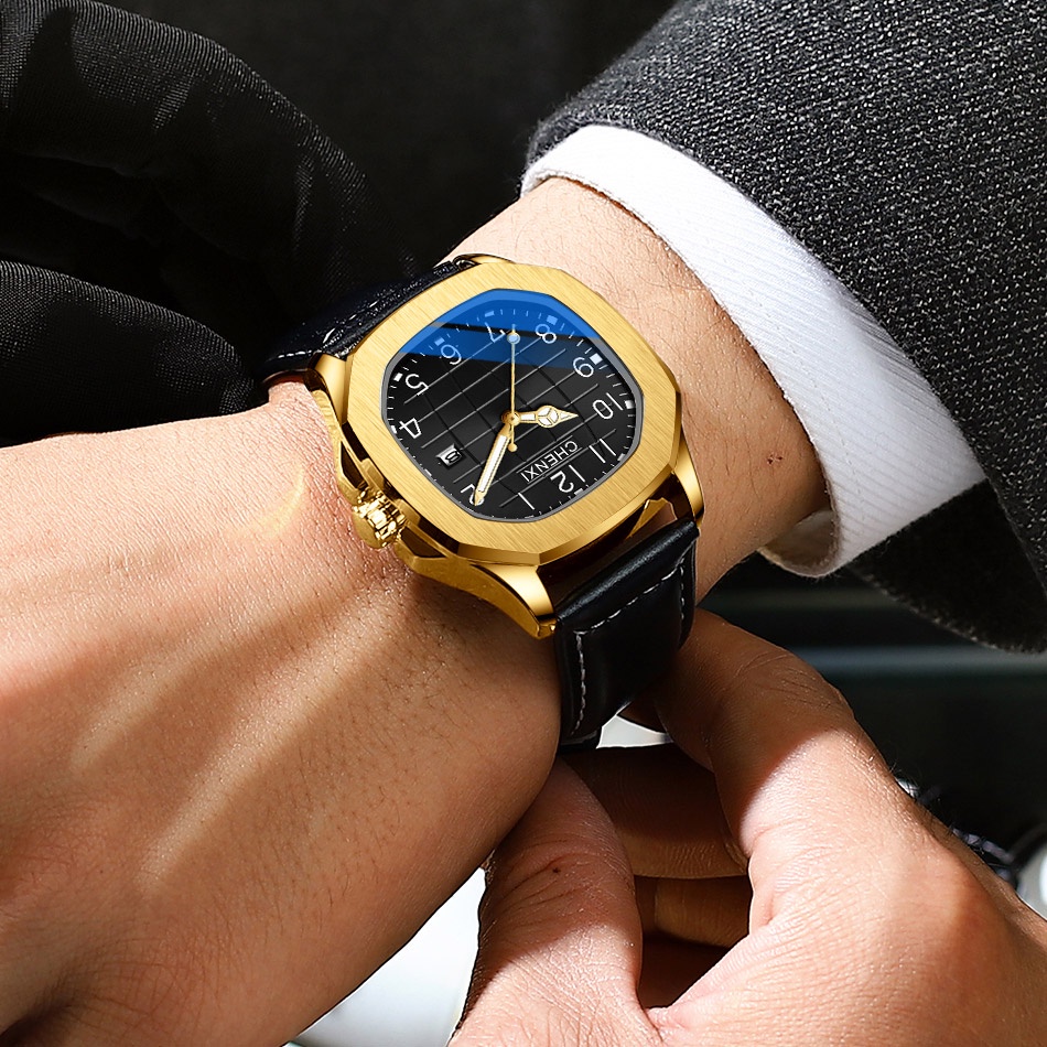 Đồng Hồ Đeo Tay Nam Mặt Vuông Dây Da Chống Thấm Nước Thời Trang