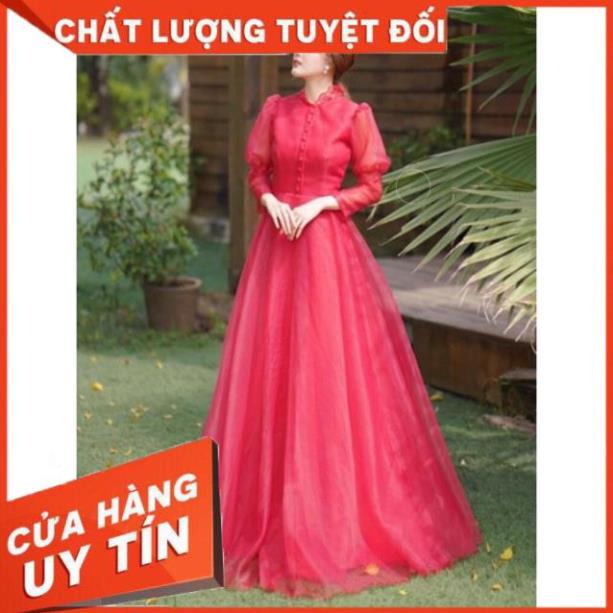 Đầm maxi dự tiệc mặc cưới tay dài kết nút bọc cổ cao phối ren - size M/L ( có ảnh/video thật) MS44Y
