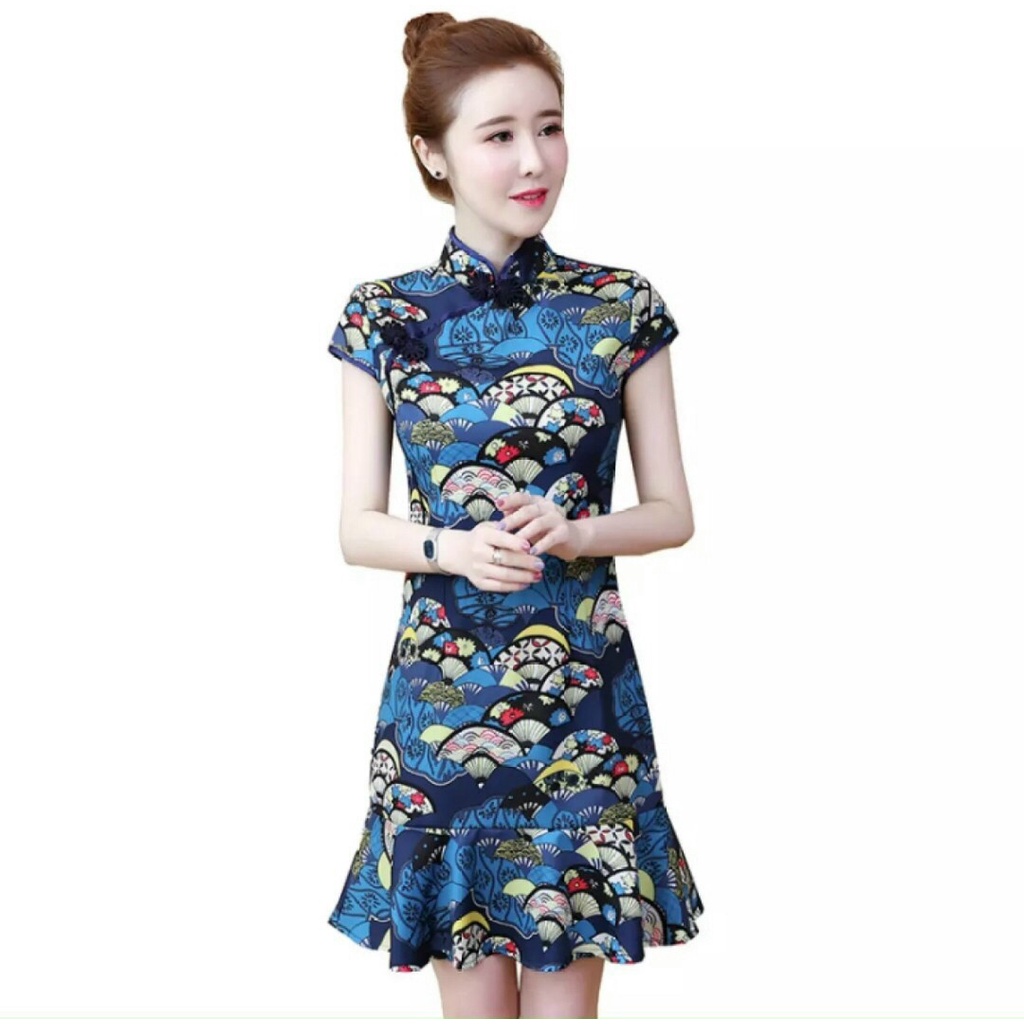 Đầm Cổ Tàu Xòe Đuôi Cá In Họa Tiết Quạt