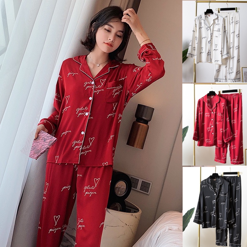 Đồ Ngủ Mặc Nhà Lụa Hàn Pajamas Dài Tay Quần Dài Họa Tiết AMANTA P46AMK