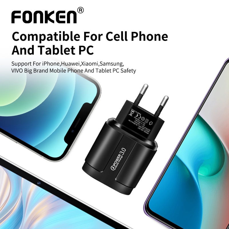 Củ Sạc Điện Thoại FONKEN USB 3.0 Sạc Nhanh 18w Màu Macaron Thông Dụng Cho iPhone 12 Samsung Huawei Máy Tính Bảng