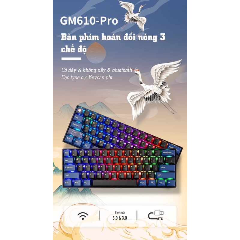 Bàn phím cơ không dây Dual Mode Newmen GM610-Pro ( Tiên Hạc - Trăng & Mây ) - Hàng chính hãng, bảo hành 24 tháng