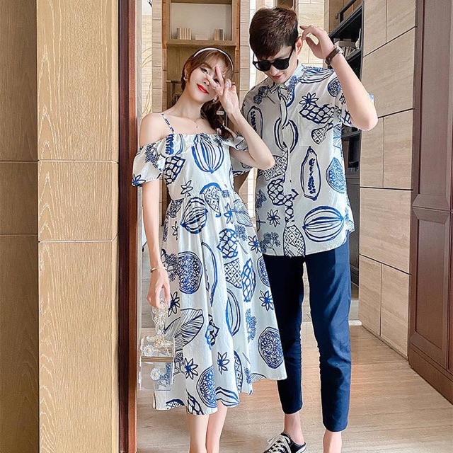 Áo đôi: Đầm vải lệch vai họa tiết + Somi nam phối hợp (có ảnh review )