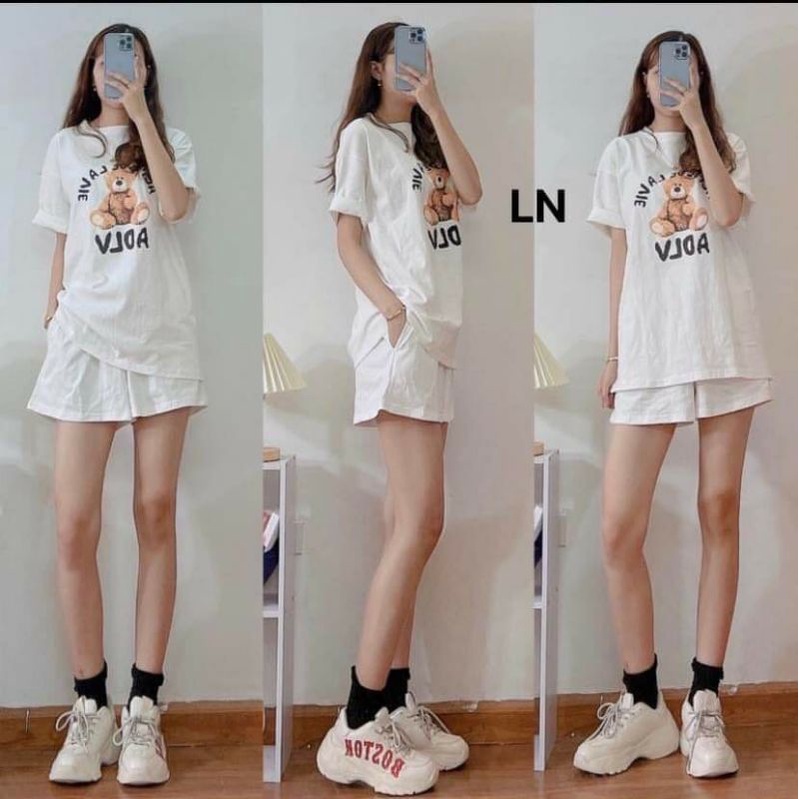Sét đồ nam nữ Áo thun Gấu AD + quần short đùiChất cotton form thụng tay lỡForm &lt;55kg Bộ mặc nhà