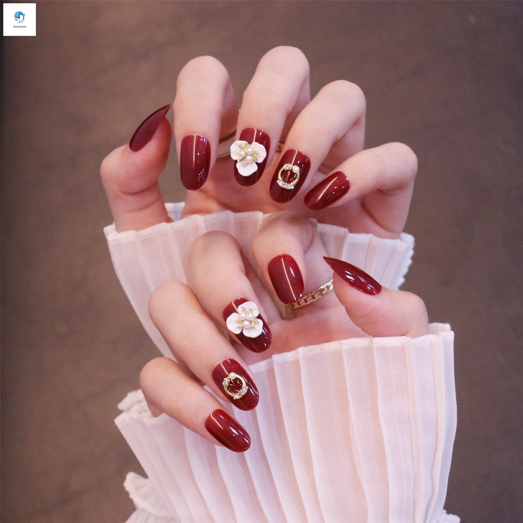 [Hàng mới về] Set 24 móng tay giả dáng ngắn họa tiết hoa màu đỏ hồng thời trang xinh xắn cho nữ