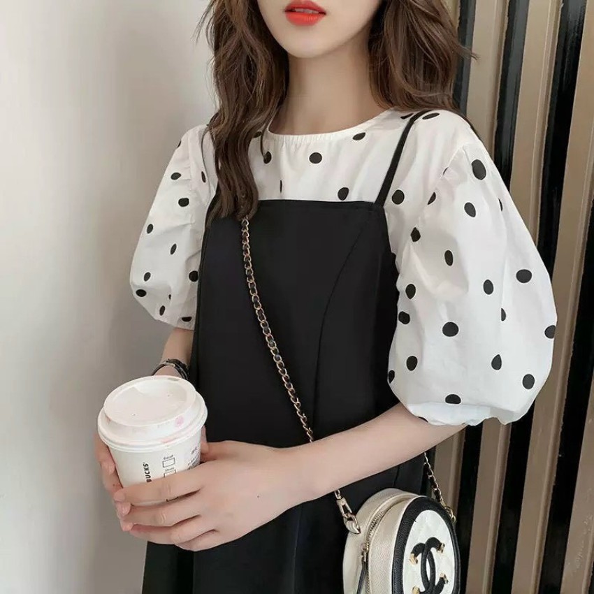 Đầm bầu-váy bầu chất cát hàn siêu mát không nhăn vai chấm bi cách điệu Q0003