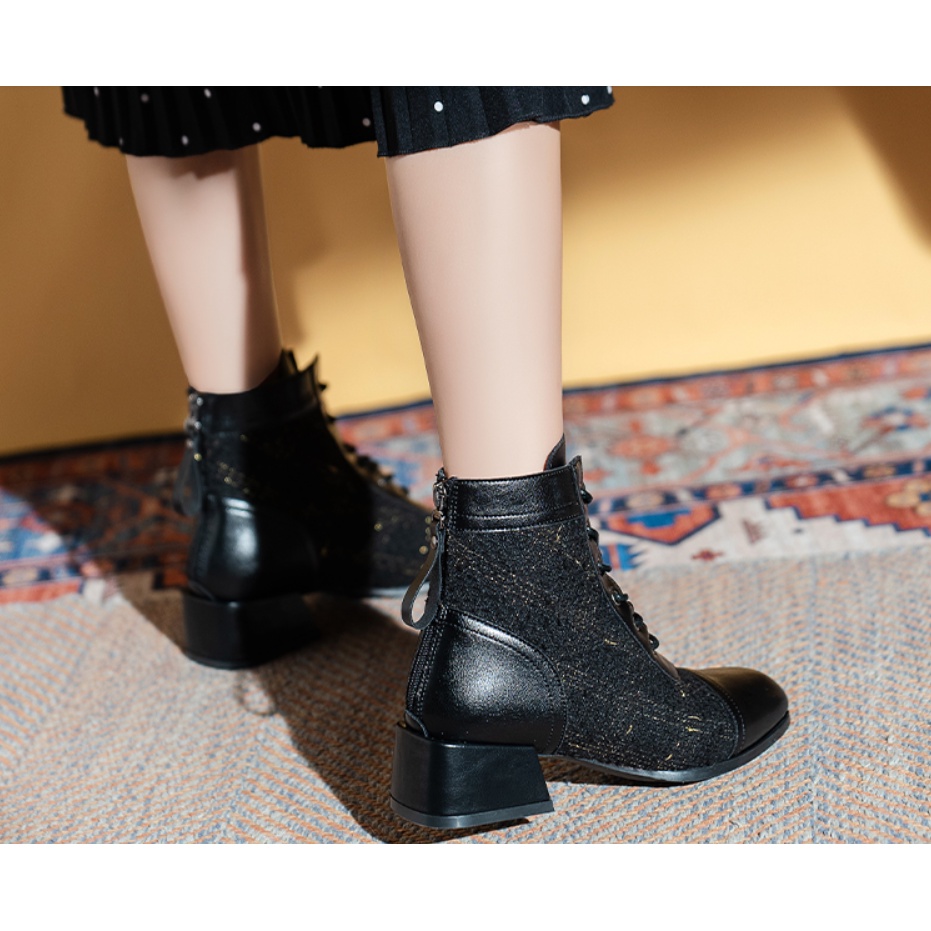 Boot Nữ Giày Bốt Kẻ Caro Cổ Cao Cao Gót 5 Phân Phong Cách Anh quốc