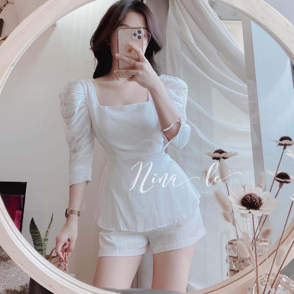 Set áo peplum cổ vuông rút dây tay + quần short