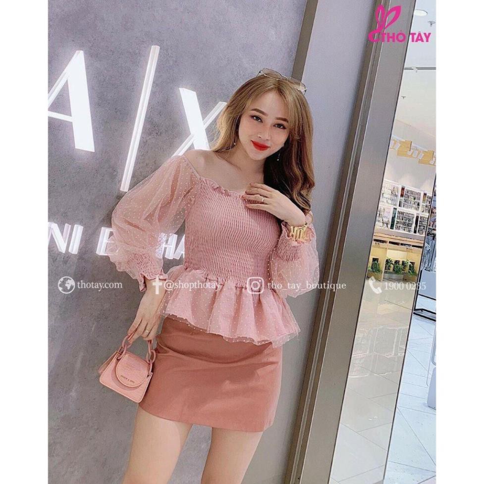 1125A26B1 Áo trễ vai peplum dài tay voan nhún chấm bi tiểu thư ngọt ngào  ྇