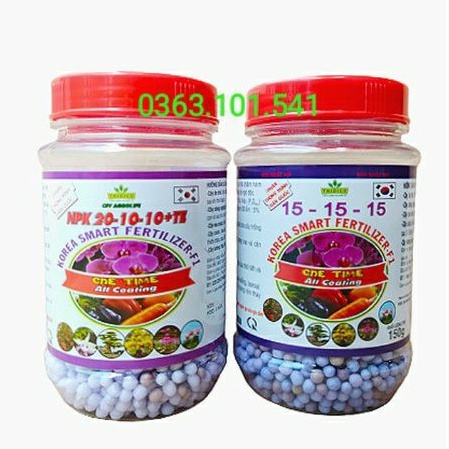 Combo 2 Hũ Phân Tan Chậm Hàn Quốc 20-10-10+TE & 15-15-15 Hũ 150g - Phân Thông Minh Hàn Quốc