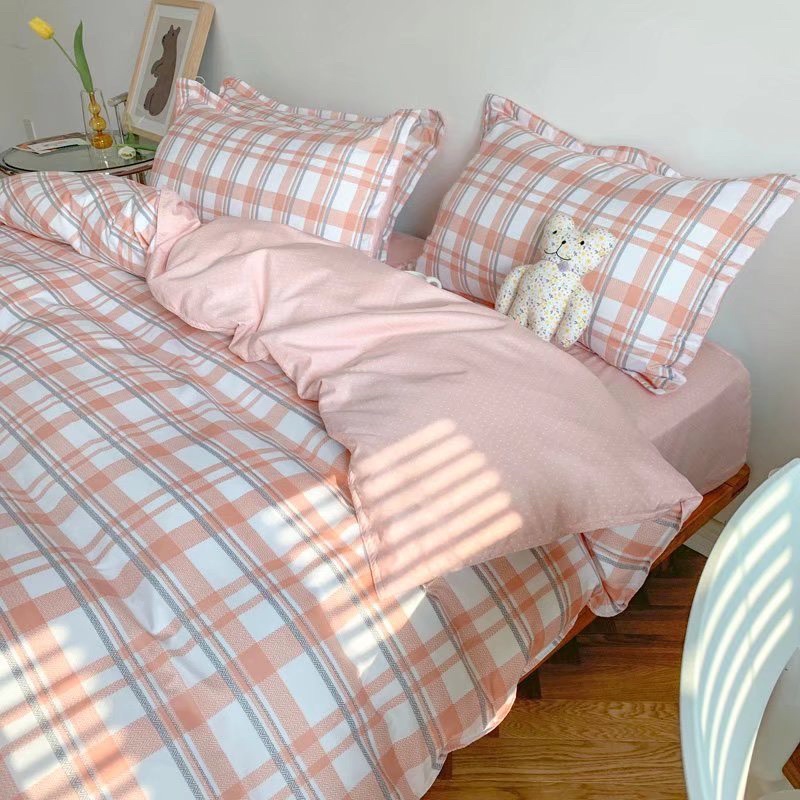 ☀Bộ Chăn Ga Gối⚡Cotton mịn poly kẻ hồng nhẹ nhàng nữ tính tông màu ấm áp tặng kèm vỏ gối ôm cùng bộ