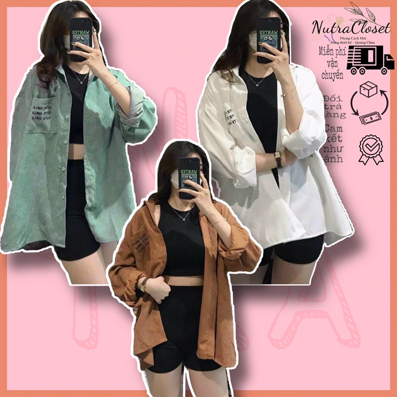 Áo khoác sơmi kaki nhung gân có túi unisex ulzzang nam nữ