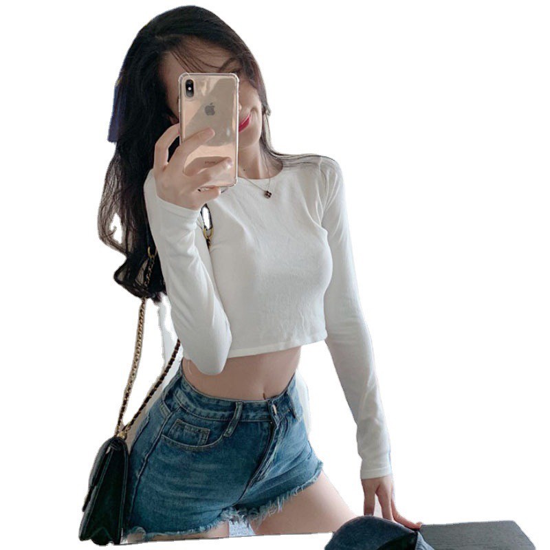 Áo Croptop Dài Tay Thun Gân Co Dãn Cổ Tròn 299 Thời Trang Sành Điệu Style Trẻ Trung Năng Động - Hazo