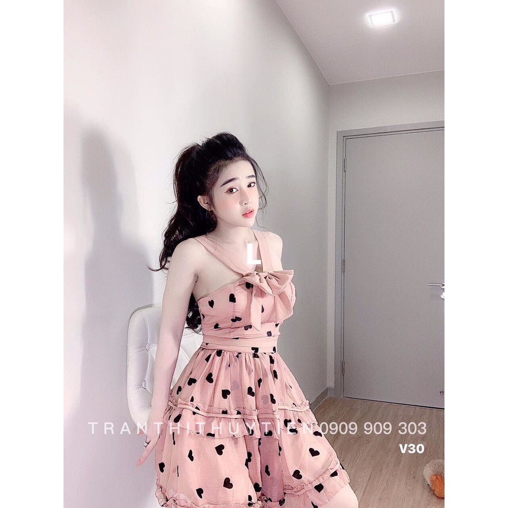 Đầm Voan Cổ Yếm Phối Bèo Tầng Kết Hợp In Hình Trái Tim Cực Baby TTS0961