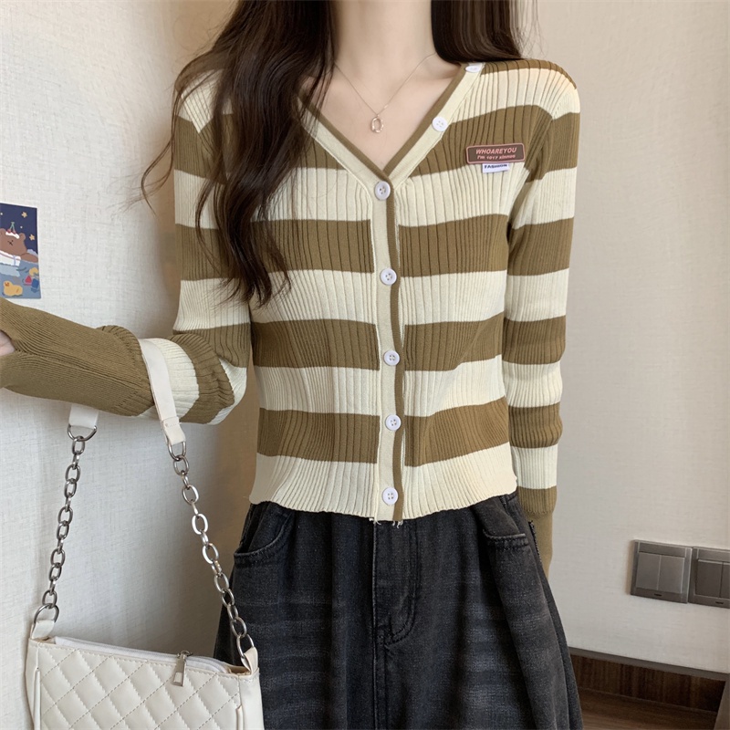 SUXI Áo Cardigan Dệt Kim Kẻ Sọc Dáng Ôm Phong Cách Cổ Điển Thời Trang Quyến Rũ Cho Nữ