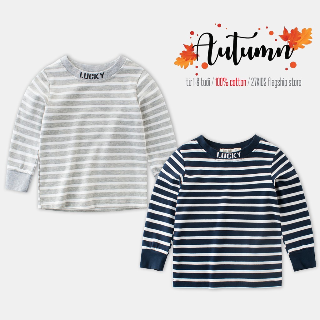 Áo dài tay bé trai 27KIDS họa tiết kẻ sọc chất cotton hàng xuất Âu Mỹ