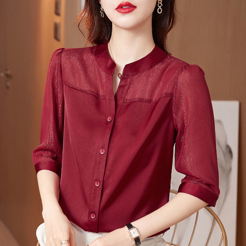 Áo Sơ Mi Voan Màu Đỏ Thời Trang Mùa Hè Dành Cho Nữ Trung Niên