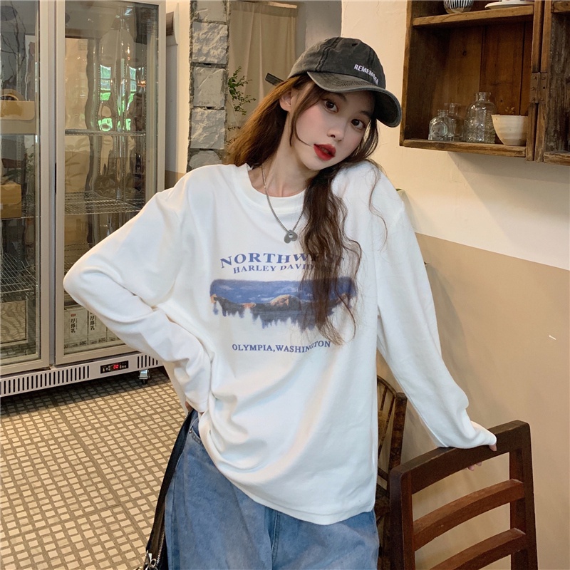 Áo thun tay dài cổ tròn dáng rộng in họa tiết kiểu retro thời trang