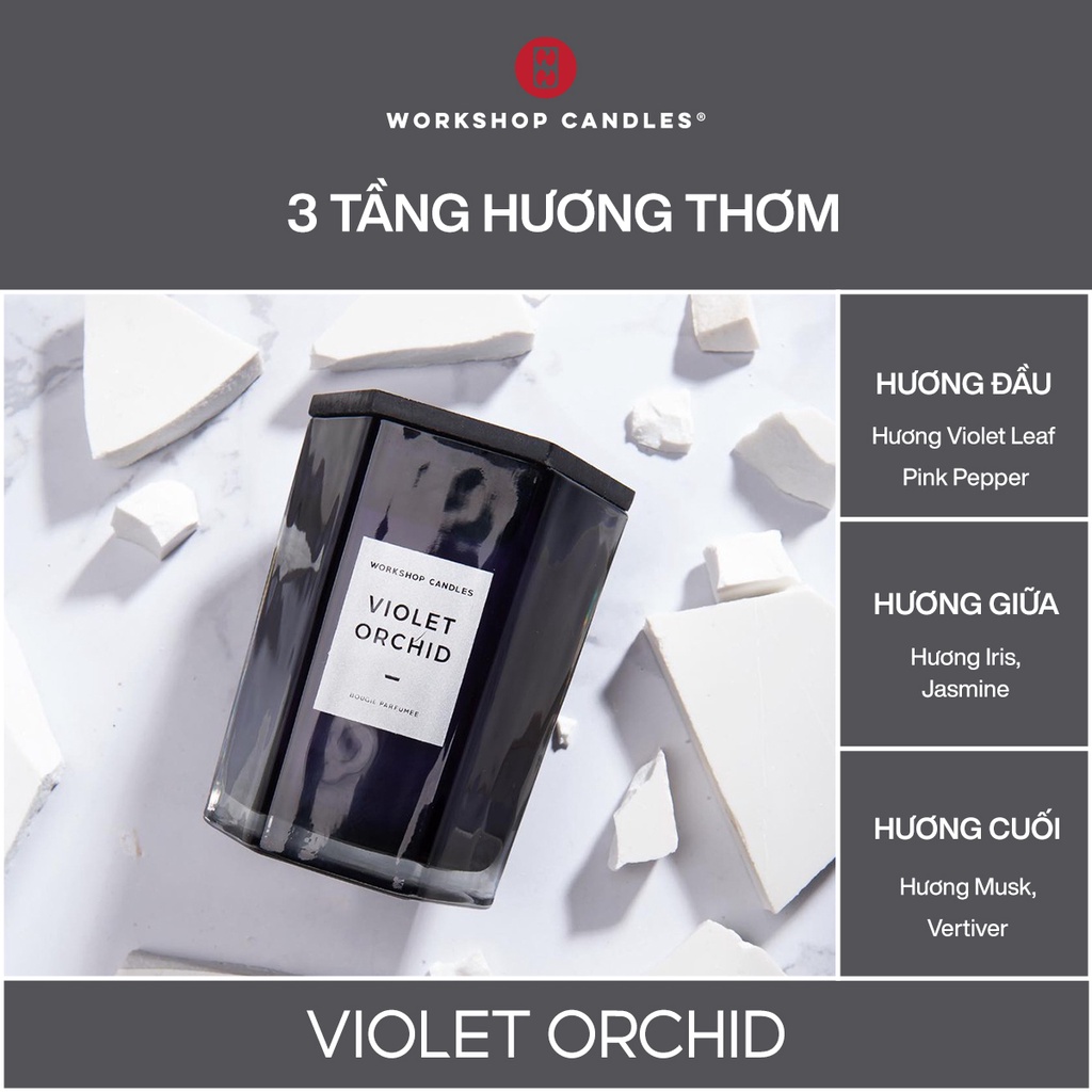 Nến thơm Violet Orchid Workshop Candles H&amp;H Home 7.4 oz khử mùi decor trang trí phòng