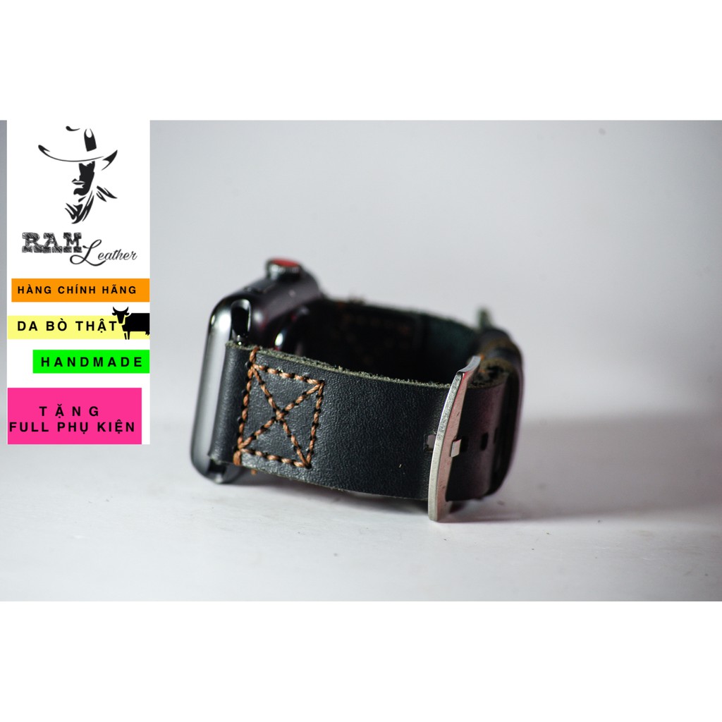 Dây apple watch da bò đen handmade bền chắc cực đẹp kiểu phi công RAM Leather simple X Pilot - tặng khóa chốt và adapter