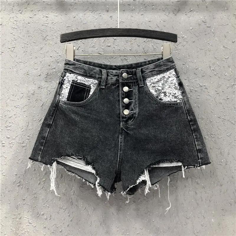 Jiashucheng Quần Short Denim Lưng Cao Dáng Chữ a Đính Kim Sa Lấp Lánh Thời Trang Mùa Hè Dành Cho Nữ