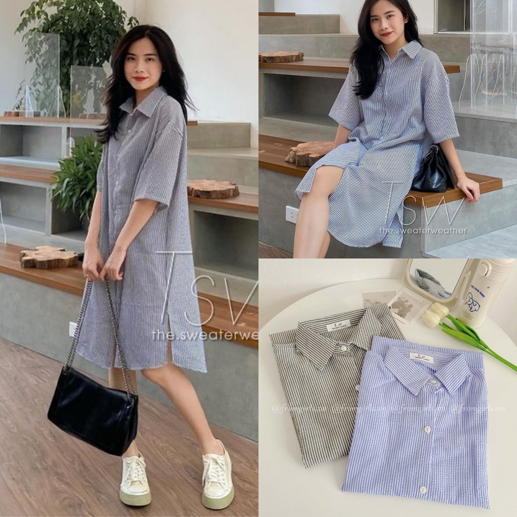 Váy sơ mi tay lỡ, đầm suông kẻ sọc cổ lọ ulzzang (video ảnh thật) - V46FG