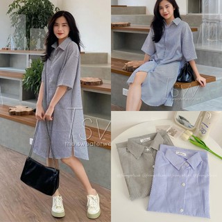 Váy sơ mi tay lỡ, đầm suông kẻ sọc cổ lọ ulzzang (video ảnh thật) - V46FG