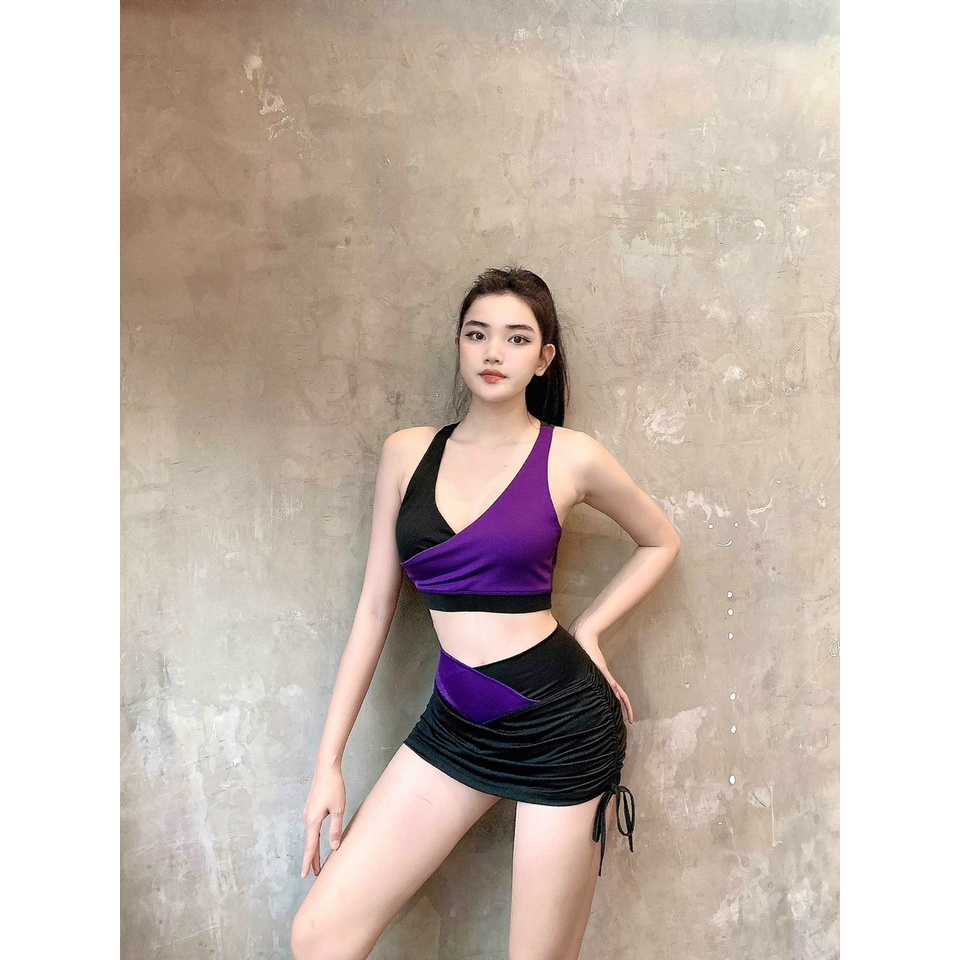 Đồ tập gym nữ, set bộ đùi thể thao phối màu áo bra kèm mút quần đùi váy dây rút Bin Sports BN075