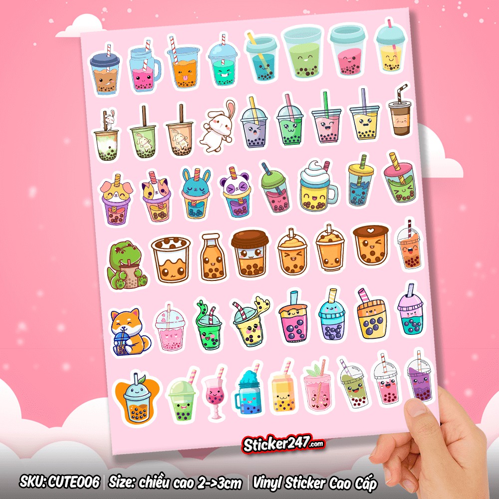 𝗕𝗼̣̂ 𝟱𝟬 𝗵𝗶̀𝗻𝗵 Sticker Cốc Trà Sữa Siêu Cute không thấm nước, lột không để lại keo | Vinyl Sticker Cao Cấp | Sticker 247