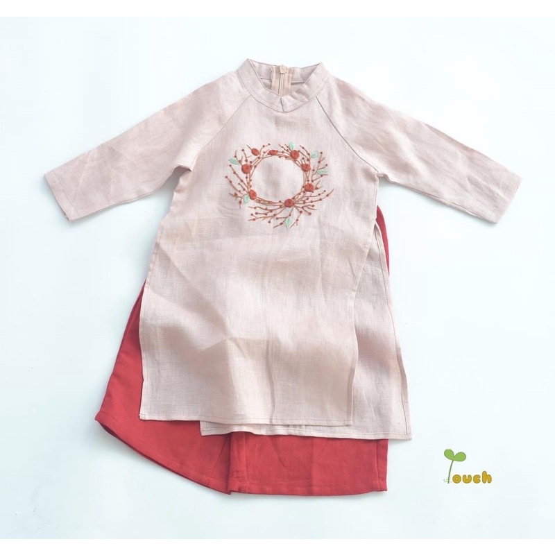 Áo dài linen premium hồng ruốc thêu tay