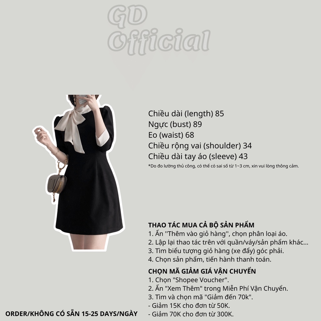 D57|Đầm thắt nơ cổ tròn công sở thanh lịch dáng xòe bồng bềnh co nữ chất cotton bo eo khoe dáng màu be, đen GD Official