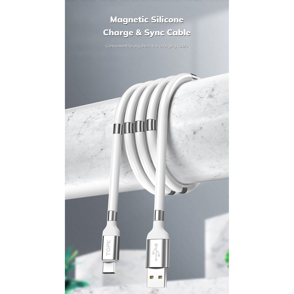 Dây cáp sạc Topk AN07 đầu nam châm truyền dữ liệu sạc nhanh có thể thu vào chống rối,dành cho iphone,android