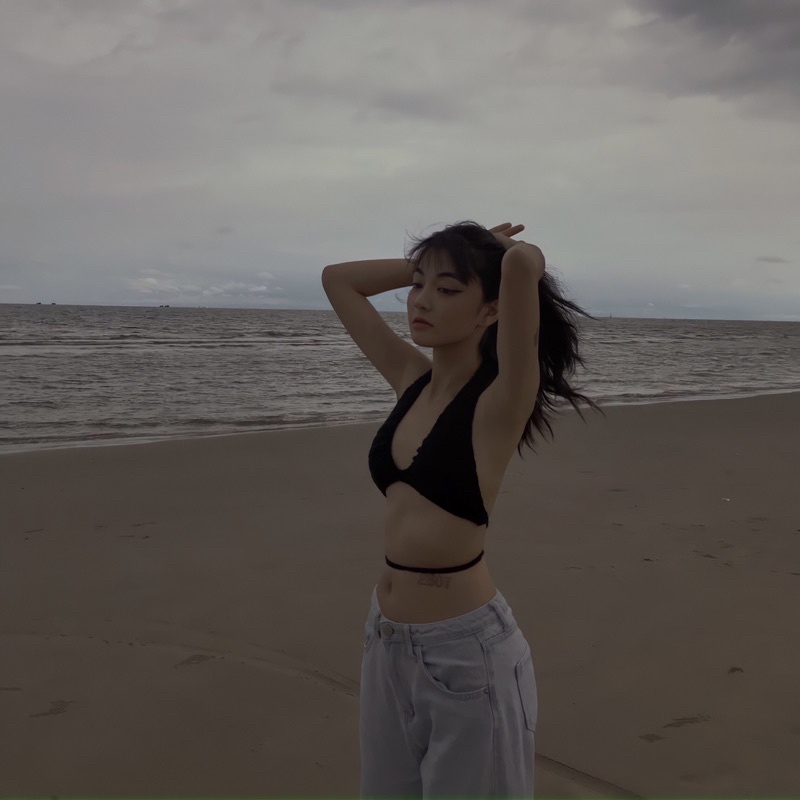 Áo len dáng bra đen dây thắt eo hàng handmade