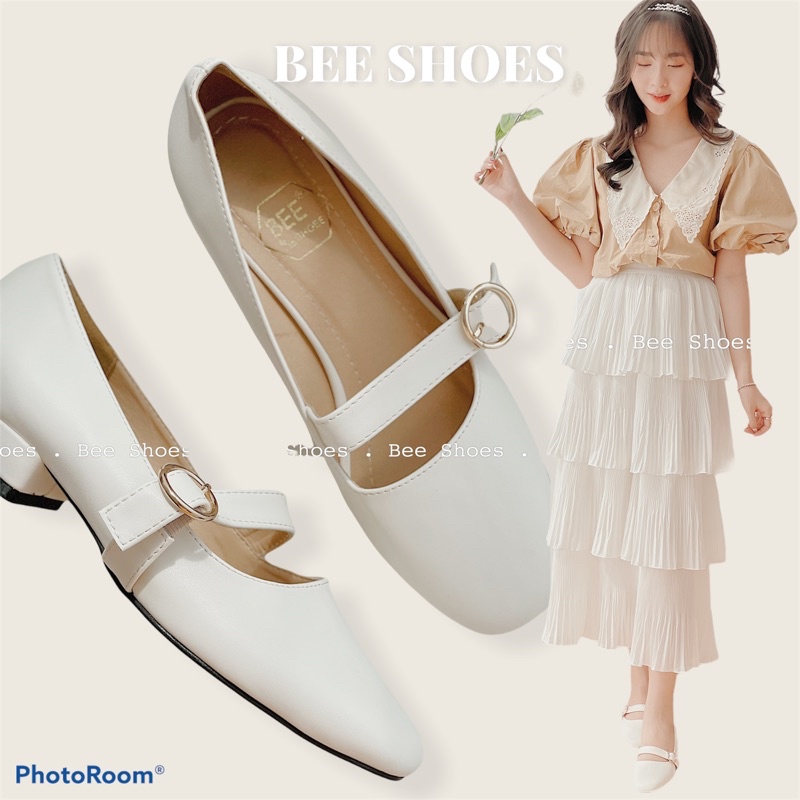 BEESHOES - GIÀY BÚP BÊ NỮ MŨI VUÔNG QUAI NGANG KHUY TRÒN - GIÀY BÚP BÊ NỮ DA LÌ SẴN MÀU ĐEN - BE 201060