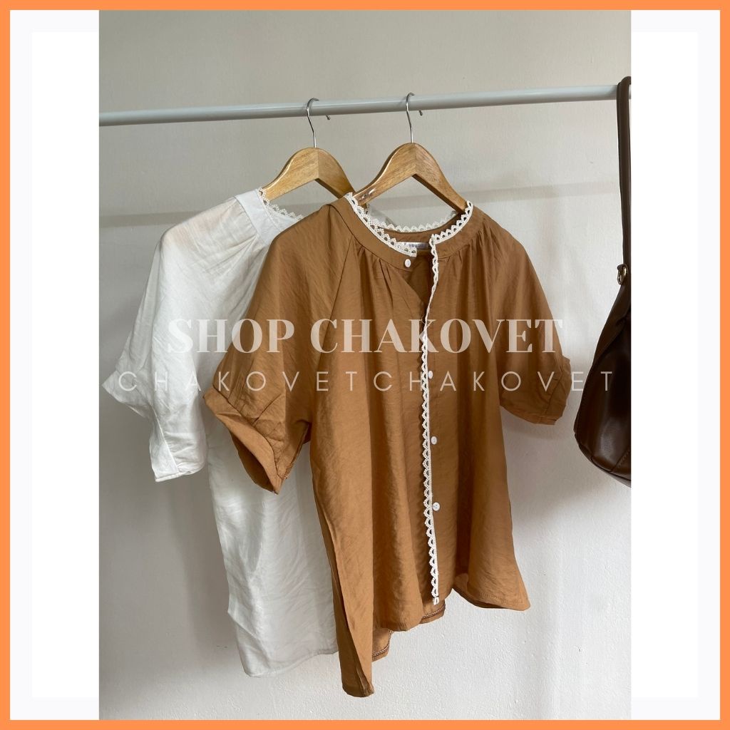 Áo sơ mi nữ viền ren cổ tròn cka822, kiểu áo nữ cộc tay hai màu be và trắng cực cute