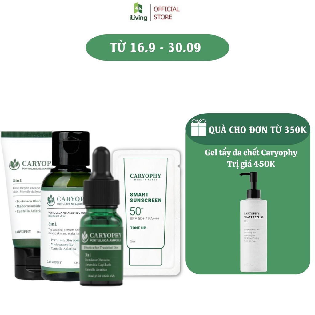 Bộ dưỡng da giảm mụn, mờ thâm Caryophy ( Sữa rửa mặt 30ml + Toner 50ml + Serum 10ml + Kem chống nắng 5ml) ILIVING-CAR