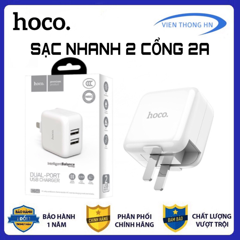 Củ sạc nhanh 2a 2 cổng sạc hoco c54 - cốc sạc nhanh 2 cổng chống cháy nổ hoco c54 - vienthonghn