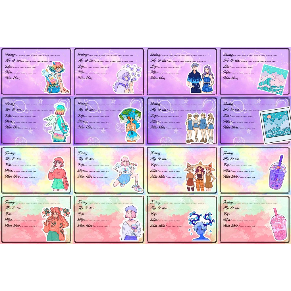 Set 16 nhãn vở học sinh họa tiết hoạt hình Anime - Nhãn vở in theo yêu cầu