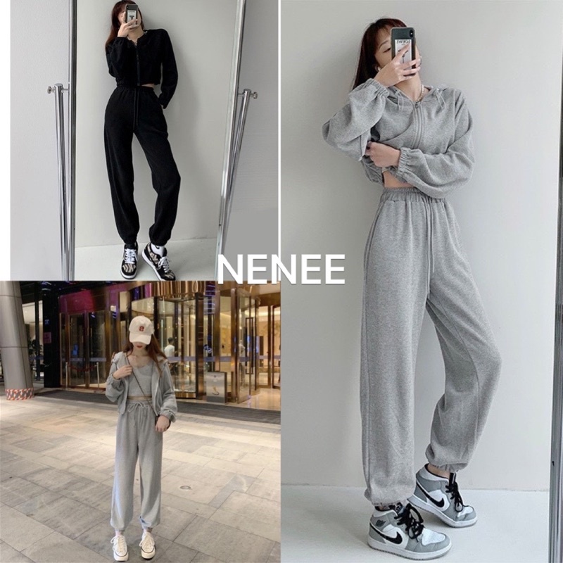 Sét bộ thể thao unisex 3 món ❤️áo croptop dài tay kéo khoá quần jogger ống bom,chất nỉ hàn phong cách ulzzang, NENEE