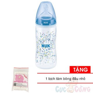 Bình sữa Nuk nhựa cổ rộng 300ml silicone - màu xanh dương - Tặng 1 tăm bông đầu nhỏ cho bé