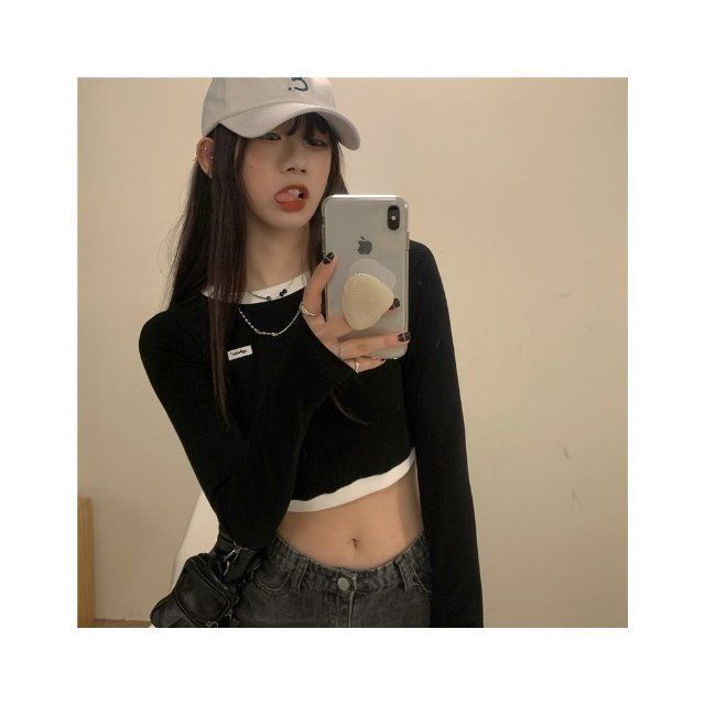 Áo Thun Tay Dài Cổ Tròn Màu Sắc Tương Phản Thời Trang Cho Nữ