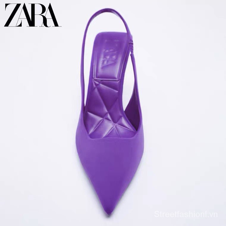 Giày cao gót slingback Zara mũi nhọn chất liệu vải màu tím thời trang mùa hè 2021 mới cho nữ