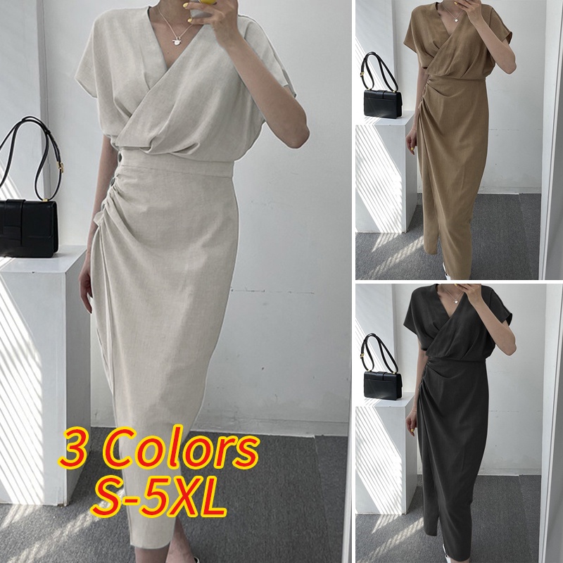 Đầm Dài Cổ Chữ V Tay Ngắn Màu Trơn Phong Cách Hàn Quốc Dành Cho Nữ
