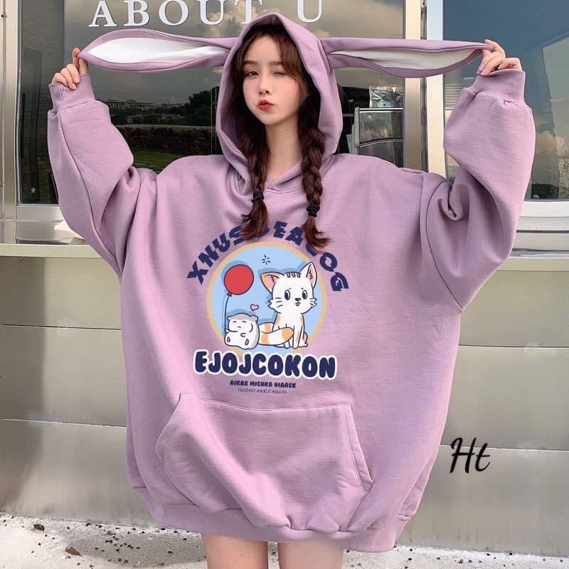 áo hoodie nỉ bông tai thỏ dài in mèo | BigBuy360 - bigbuy360.vn