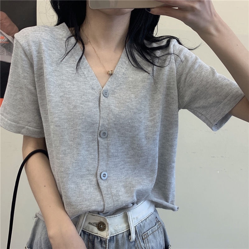 Áo thun croptop tay ngắn cổ chữ V bằng lụa lạnh phong cách 2021 cho nữ