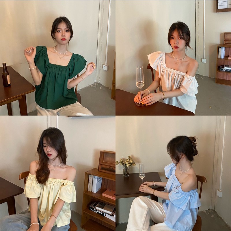 Áo nữ trễ vai SUXI dáng rộng màu trơn thời trang mùa hè phong cách vintage