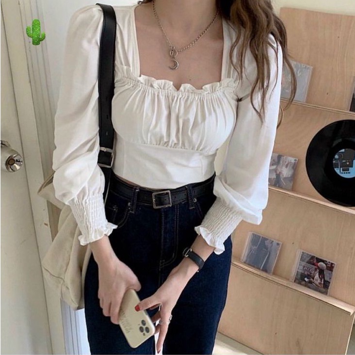 Áo kiểu tay dài tay áo bo nhúng siêu xinh trẻ trung (Kate hàn cao cấp)