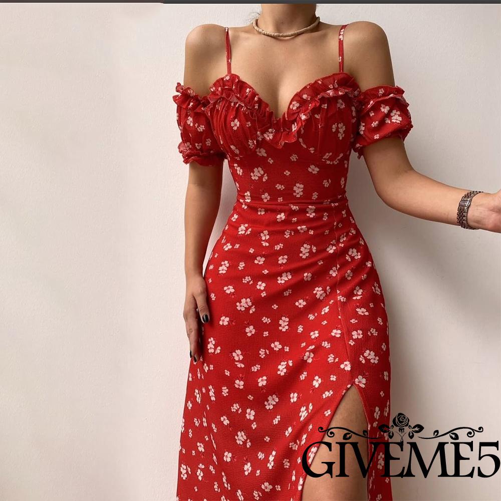 Đầm Hoa Tay Ngắn Cổ Chữ V Xẻ Tà Thời Trang Cho Nữ