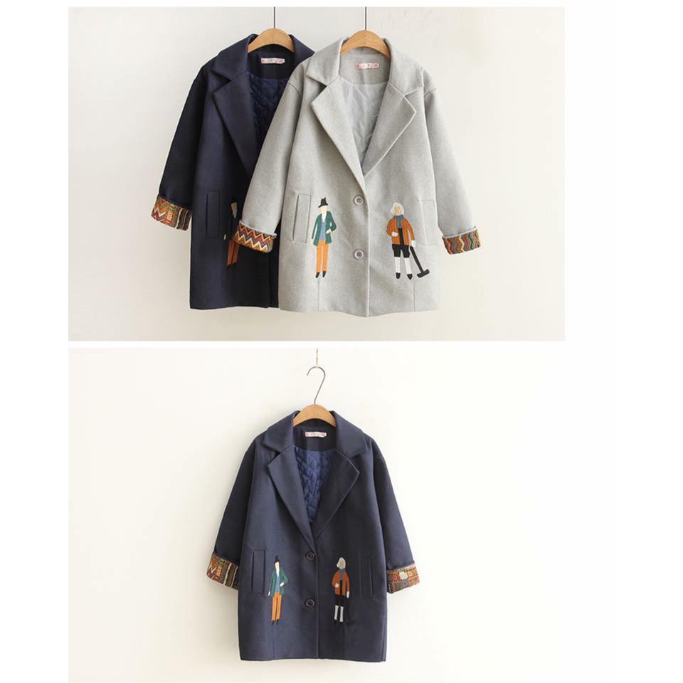 Áo khoác dạ Ulzzang thêu họa tiết( có ảnh thật) - A123