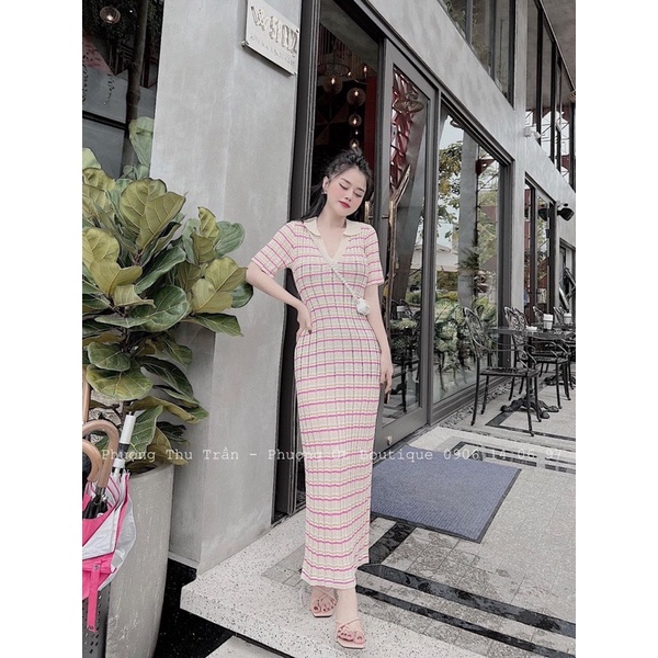 Đầm len nữ dáng dài kẻ cam nhỏ QC
